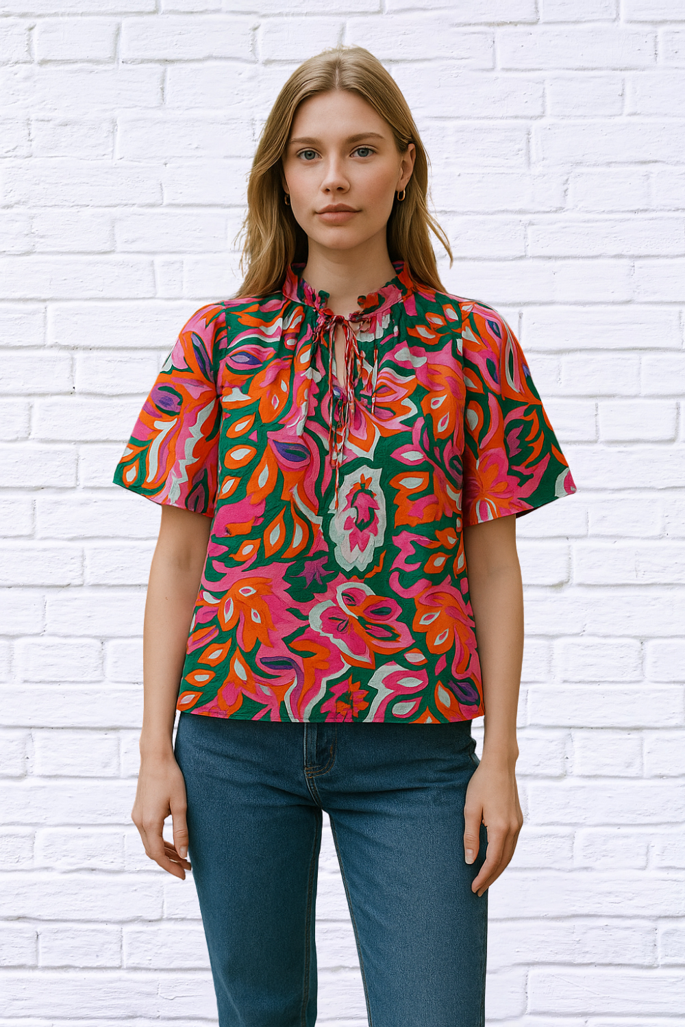 Tropical Print Short Sleeve Tie Neck Blouse _ Multicolor