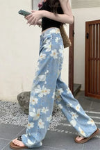 Washed Floral Print Baggy Jeans