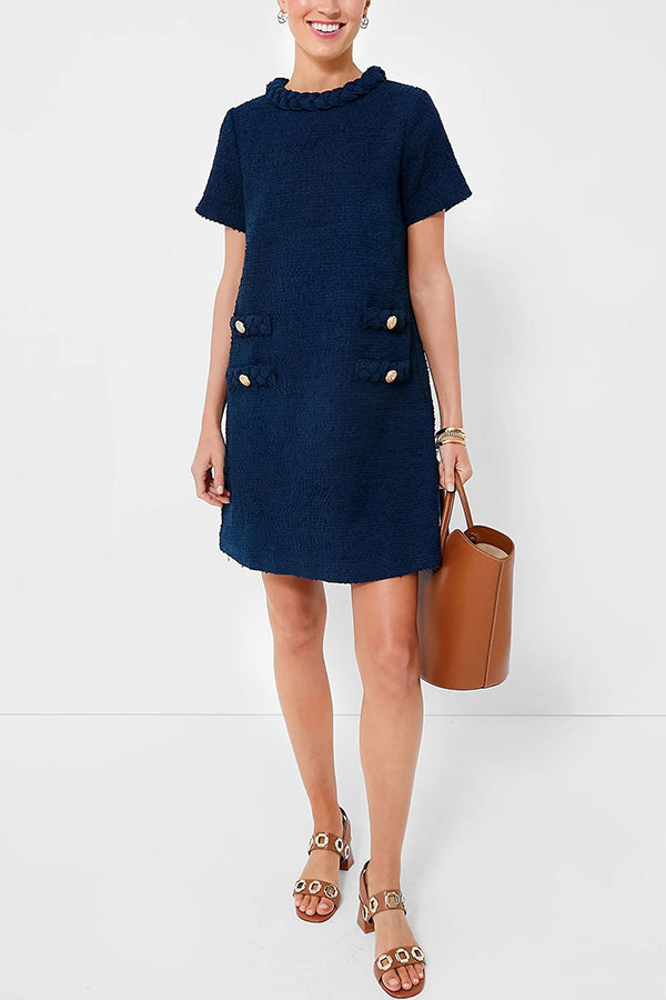 Tweed Braided Trim Crew Neck Button Welt Shift Mini Dress