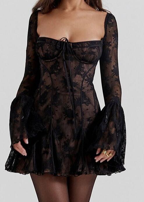 Square Neck Lace Bell Sleeve Tie Front Bustier Fit and Flare Mini Dress