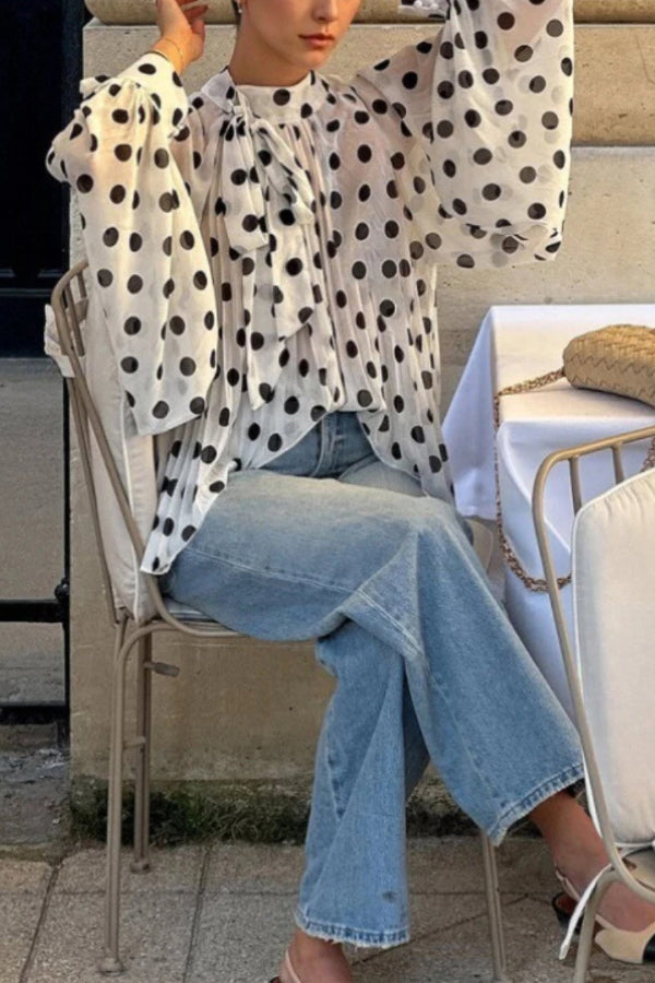 Polka Dot Print Tie-waist Lantern Sleeve Elegant Loose Shirt
