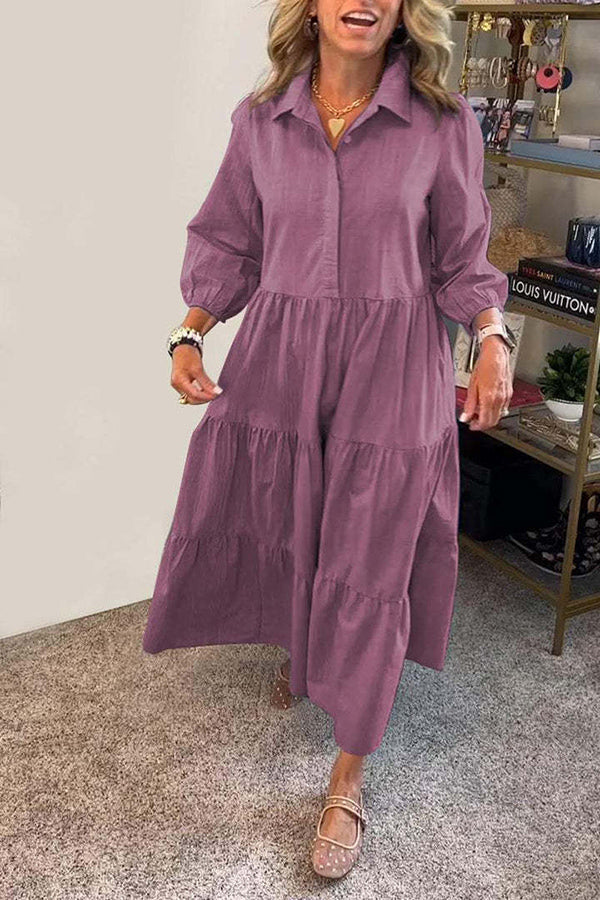 Collared Button Front Tiered Elastic Cuff Long Sleeve Midi Shirt Dress