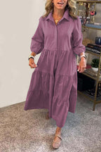 Collared Button Front Tiered Elastic Cuff Long Sleeve Midi Shirt Dress