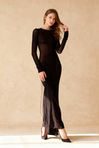 Long Sleeve Lace Up Open Back Sheer Mesh Maxi Dress