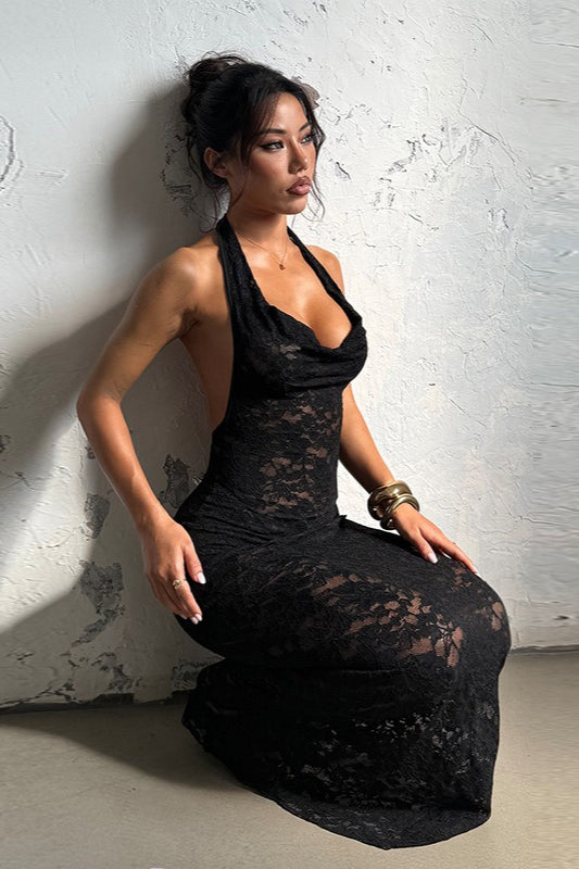 Halter Neck Cowl Floral Lace Backless Maxi Dress