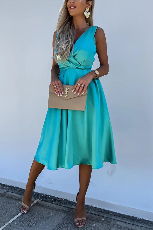 Satin Wrap V-Neck Ruched Waist Fit and Flare Midi Dress