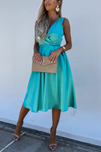 Satin Wrap V-Neck Ruched Waist Fit and Flare Midi Dress