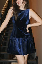 Velvet Bow Trim Drop Waist Gathered Pleated Mini Dress
