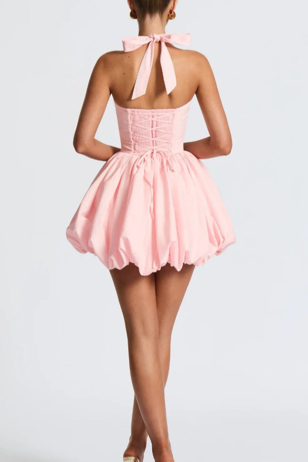 Halter Tie Bow Puffy Tulle Hem Mini Dress