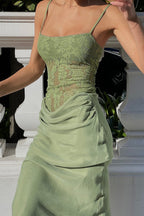 Floral Lace Corset Bodice Draped Ruched Satin Midi Dress