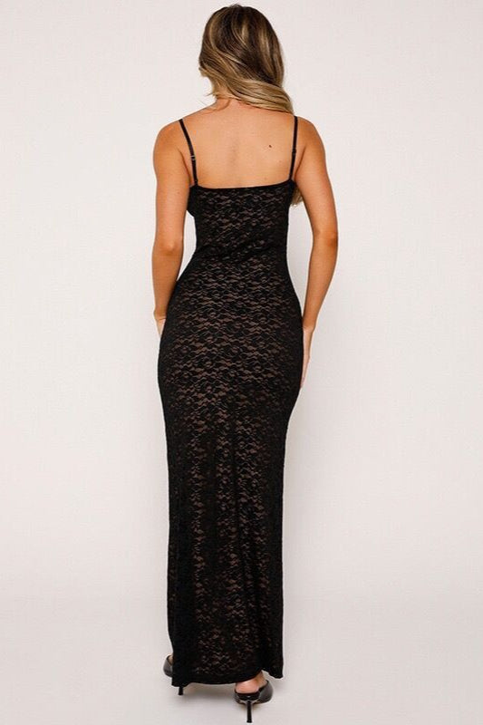 Floral Lace Sweetheart Spaghetti Strap Bodycon Maxi Dress