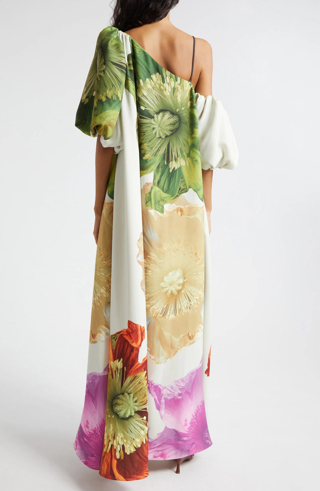 Asymmetrical Neck Puff Sleeve Oversized Floral Print Maxi Dress
