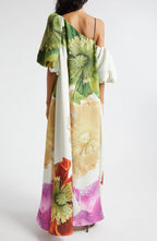 Asymmetrical Neck Puff Sleeve Oversized Floral Print Maxi Dress
