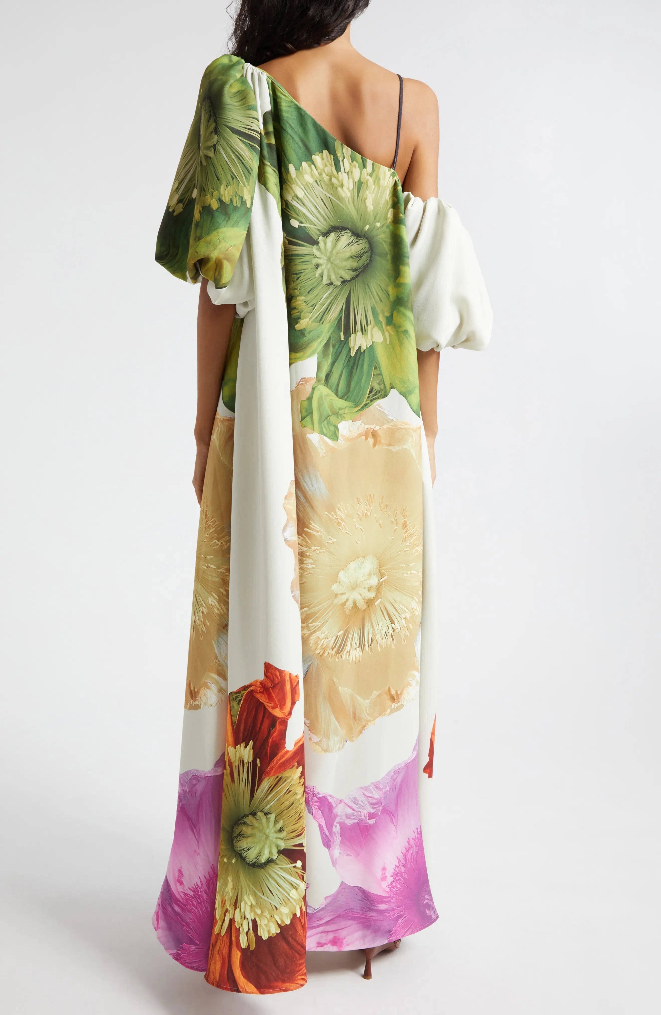 Asymmetrical Neck Puff Sleeve Oversized Floral Print Maxi Dress