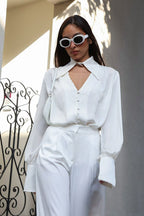 Collared Long-Sleeve Loose Elegant Blouse