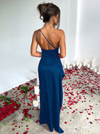 Party Dress Champagne One Shouder Pleated High Slit Sexy Prom Maxi Dresses