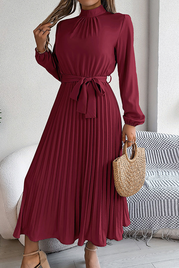 Mock Neck Lantern Sleeve Belted Pleated A-Line Midi Dress