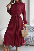 Mock Neck Lantern Sleeve Belted Pleated A-Line Midi Dress