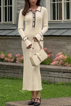 Ribbed Knit Polo Collar Bell Cuff Contrast Trim Midi Sweater Dress