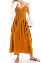 Smocked Bodice Crinkle Texture Spaghetti Strap V-Neck Maxi Dress