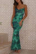 Abstract Floral Print Cowl Neck Spaghetti Strap Mermaid Maxi Dress