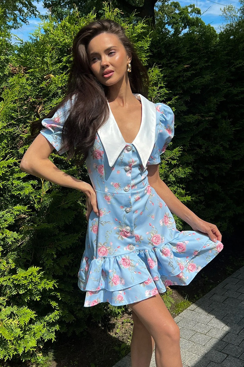 Oversized Collar Puff Sleeve Pearl Button Ruffle Tier Hem Floral Print Mini Dress