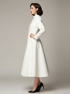 Vintage Stand-Collar A-line Woolen Flared Coat In White For Women 2026