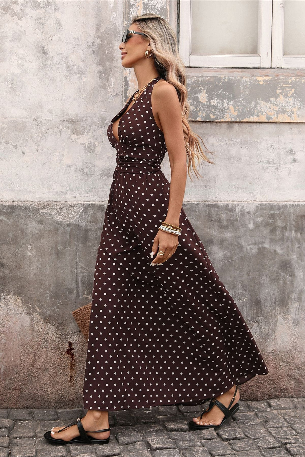 Deep V Halter Neck Polka Dot A Line Maxi Dress