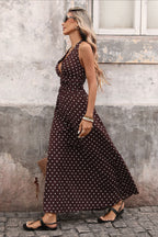 Deep V Halter Neck Polka Dot A Line Maxi Dress