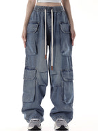 Loose versatile drawstring straight Cargo Jeans
