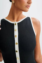 Rib Knit Sleeveless Button Front Faux Pocket Midi Dress