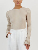 Solid Ribbed Crew Neck Long Sleeve Knit