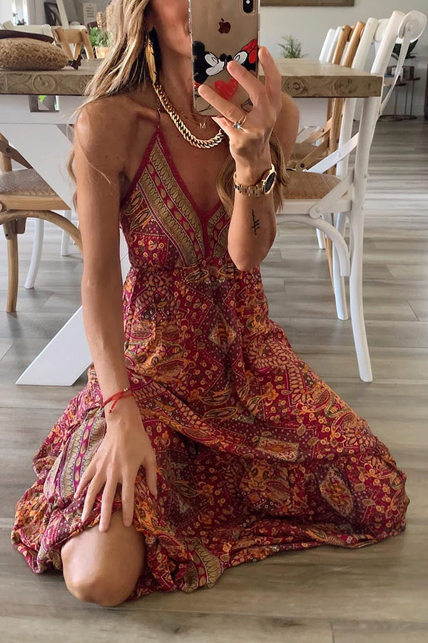 Paisley Print Deep V-Neck Spaghetti Strap Empire Waist Tiered Maxi Dress