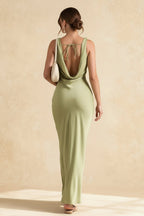 Satin Cowl Neck Spaghetti Strap Diagonal Panel Column Maxi Dress