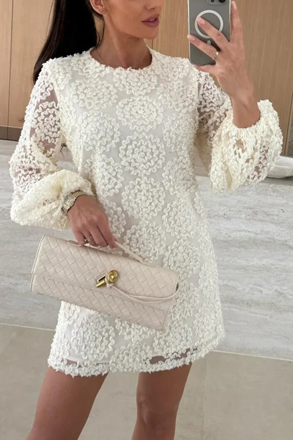 Kimberly Aesthetic Loose Mini Dress with Balloon Sleeves Made From Lace Textured Fabric Elevated Occasion Wear