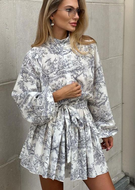 Mock Neck Puff Sleeve Toile Print Button Front Tie Waist Mini Dress