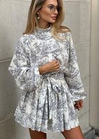 Mock Neck Puff Sleeve Toile Print Button Front Tie Waist Mini Dress