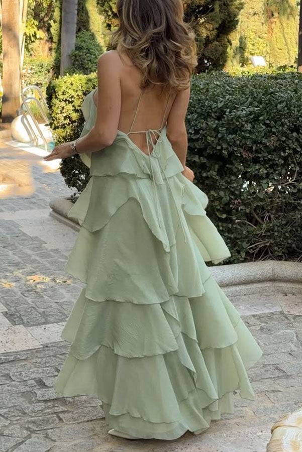 Romantic Summer Chiffon Tiered Ruffle Deep V-Back Halter A-line Maxi Design