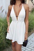 White Deep V Neck Halter Cut Out Ruched Flared Mini Dress