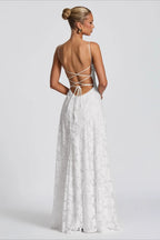 Spaghetti Strap Square Neck 3D Floral Lace Ruched Column Maxi Gown