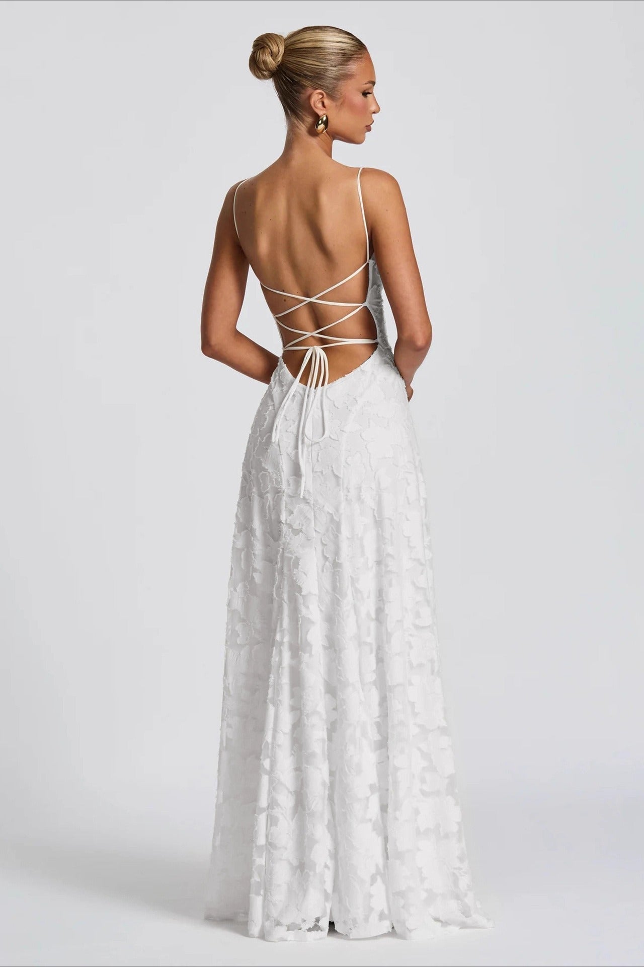 Spaghetti Strap Square Neck 3D Floral Lace Ruched Column Maxi Gown