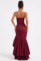 Strapless Corset Bustier High Split Ruffle Hem Maxi Dress