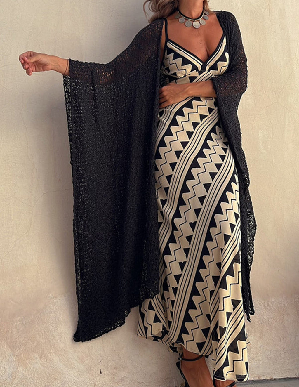 Geometric Chevron Print Spaghetti Strap Deep V-Neck Maxi Dress