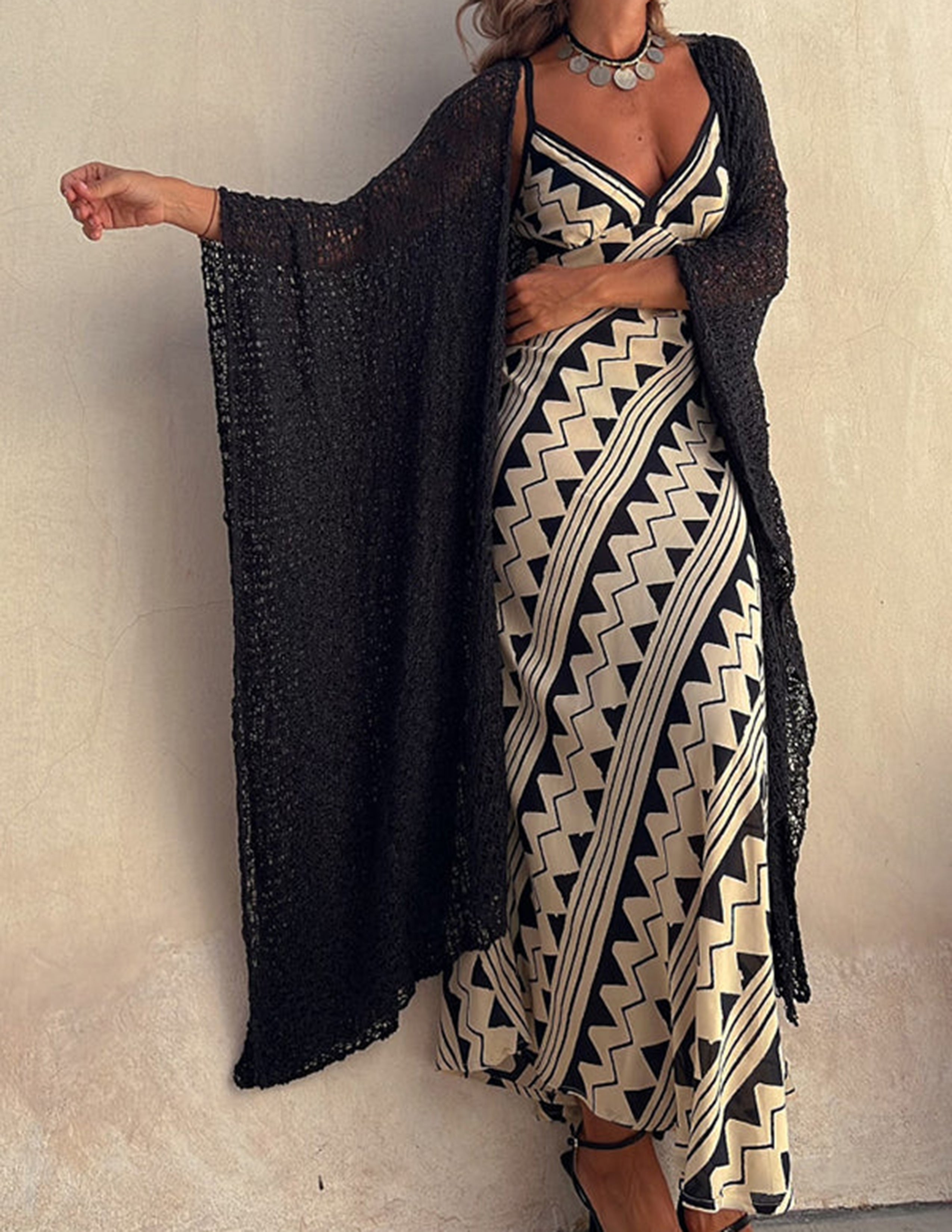 Geometric Chevron Print Spaghetti Strap Deep V-Neck Maxi Dress