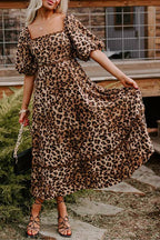 Abigail Exclusive Brown Leopard Print Ricrac Puff Sleeve Maxi Dress Boutique Collection