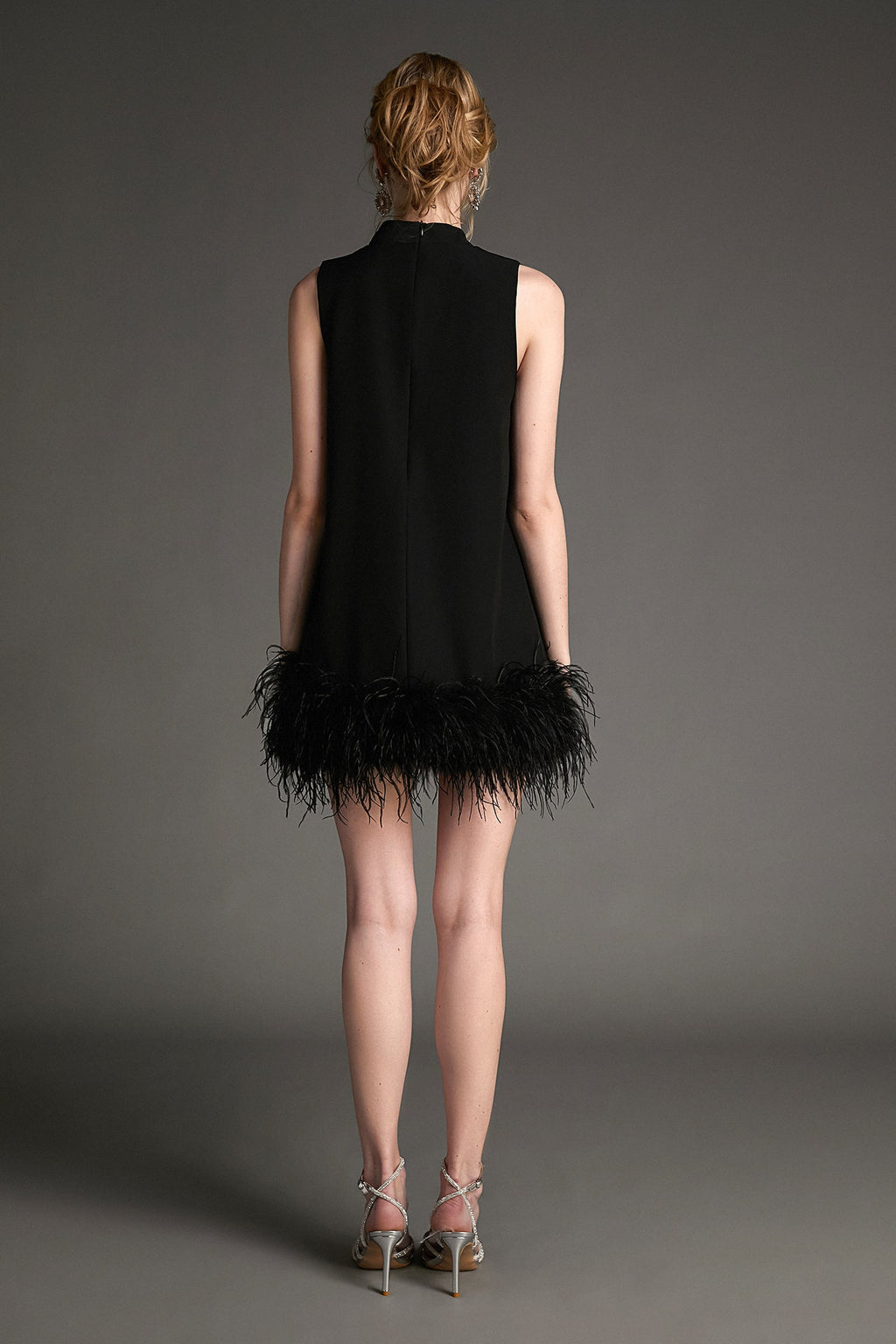 Mock Neck Sleeveless Feather Trim Shift Mini Dress