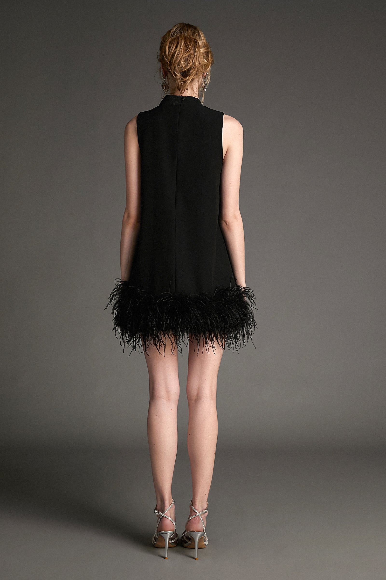 Mock Neck Sleeveless Feather Trim Shift Mini Dress