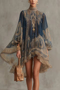 Baroque Print High-neck Irregular Chiffon Mini Dress