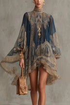 Baroque Print High-neck Irregular Chiffon Mini Dress
