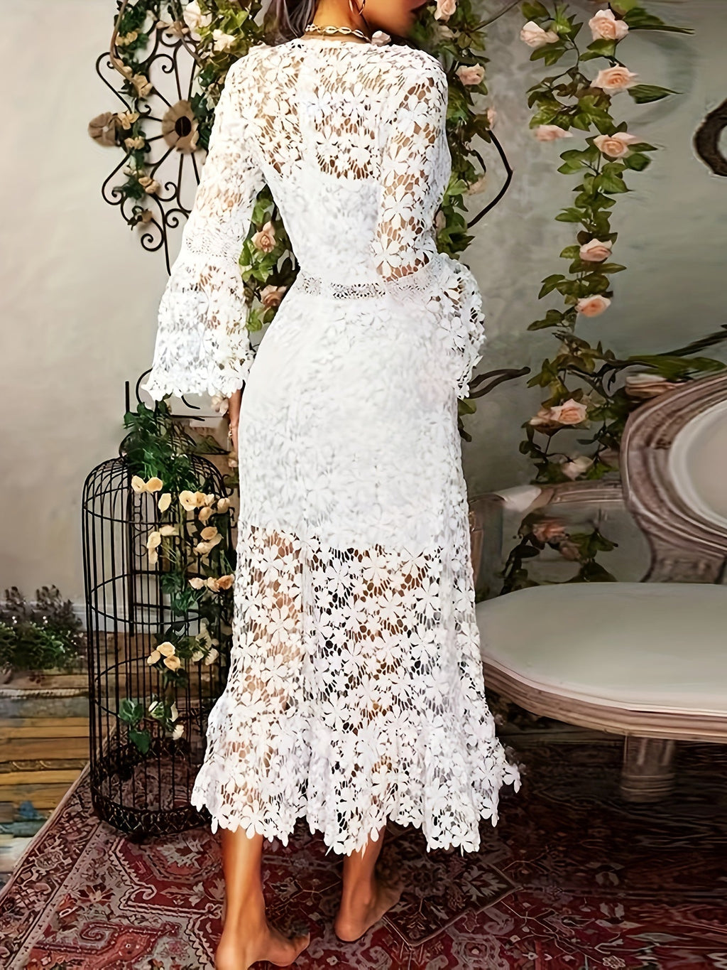 María Timeless Cotton Guipure Lace V Neck Long Sleeves Aprons Cocktail Festive Dress for Women Premium Wardrobe Essential